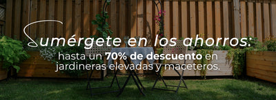 Promotional banner for garden discounts with raised garden beds and planters in a backyard setting.